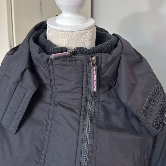 Superdry Windcheater Hooded Jacket Black Fleece lined Women's L Japan Logo - Picture 3 of 8